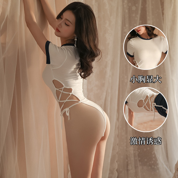 Sexy lace bodysuit featuring open-crotch design and high slit, adjustable tie-strap, ideal for women seeking allure and sensu...