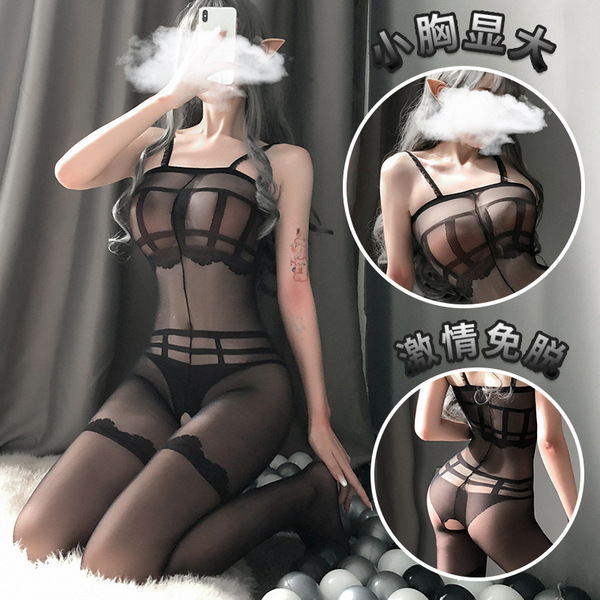 Sexy lace bodysuit with removable crotch design, sheer black mesh strap top, adult