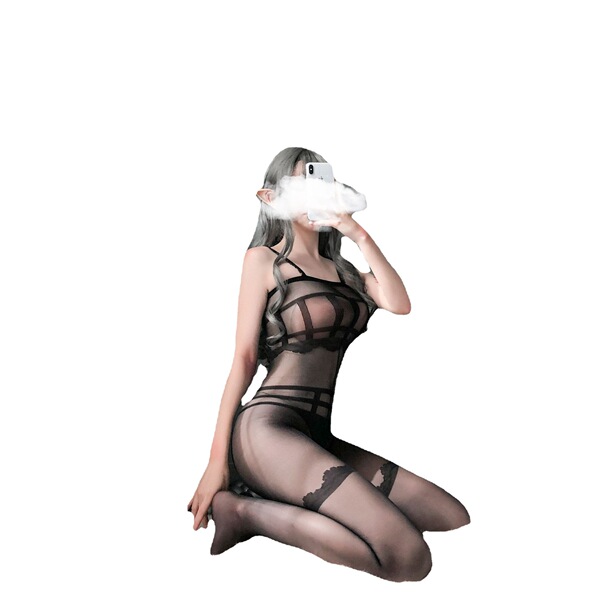 Sexy lace bodysuit with removable crotch design, sheer black mesh strap top, seductive one-piece lingerie for adults.