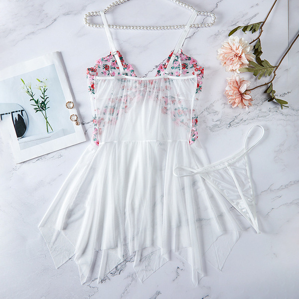Sexy lace bodysuit set featuring sheer mesh fabric, floral design, and delicate straps, perfect for european-american style i...