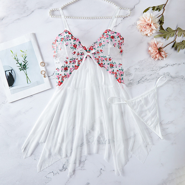 Sexy lace bodysuit set featuring sheer mesh fabric with floral embroidery, perfect european-american style intimate apparel.