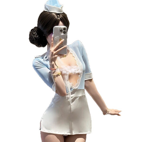 Woman in sexy lace bodysuit and skirt set with deep v-neck, secretary-style sleepwear outfit for women.