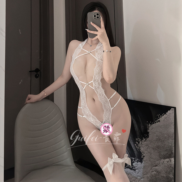 Sexy lace bodysuit featuring sheer fabric, open design, and delicate lace details for a provocative look. perfect sleepwear w...