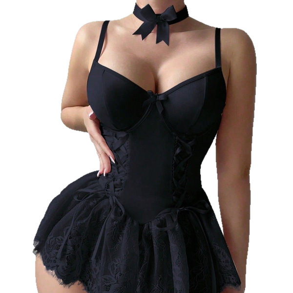 Sexy lace bodysuit featuring european-style shapewear, elegant design with bow neck, alluring and comfortable fit.