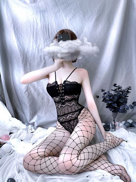 Sexy lace bodysuit for women featuring a v-neck design, sheer mesh thong with cut-outs, elegant and sexy style.
