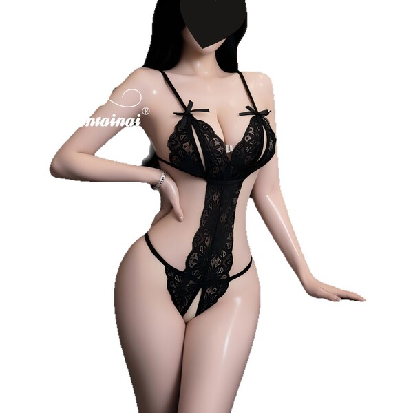 Sexy black lace bodysuit for women with sheer cut-outs and delicate straps, perfect for a seductive lingerie look.