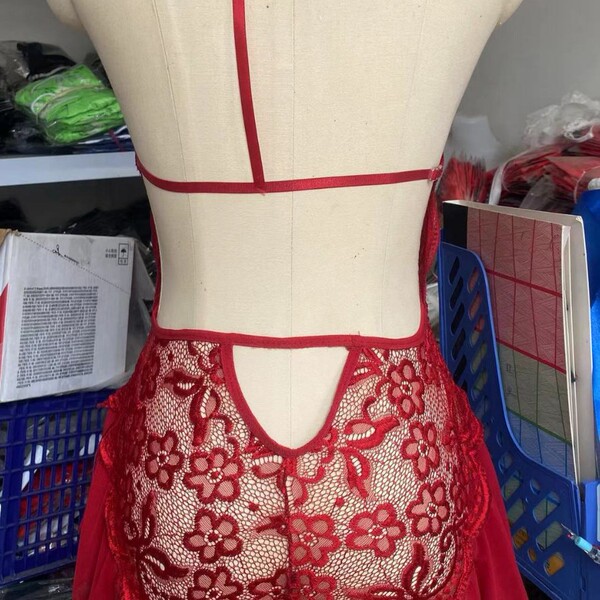 Red lace bodysuit for women, featuring a sheer transparent design with floral patterns and a seductive open back.