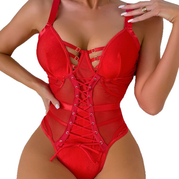 Red sheer mesh bodysuit with lace-up front and tie-straps, sexy erotic lingerie for women in wholesale style.