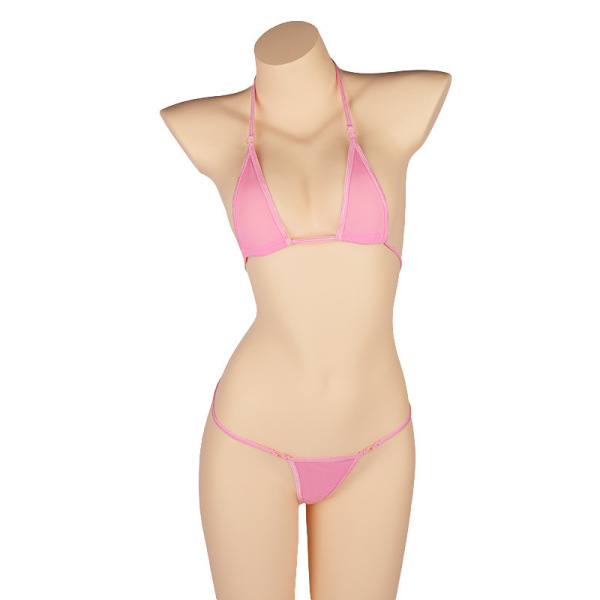 Pink ice silk sheer bikini bra and panty lingerie set on mannequin, featuring delicate lace detailing for a sexy bondage-insp...