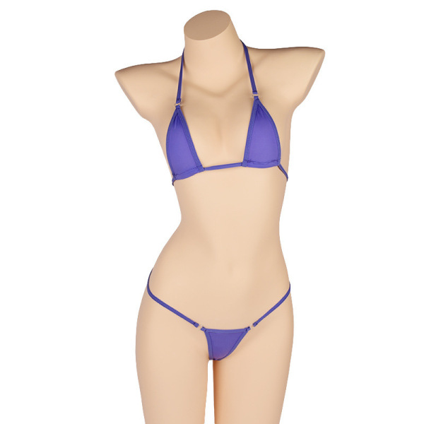 Purple ice silk sheer bikini bra and panty set displayed on a mannequin, featuring delicate lace bondage details.