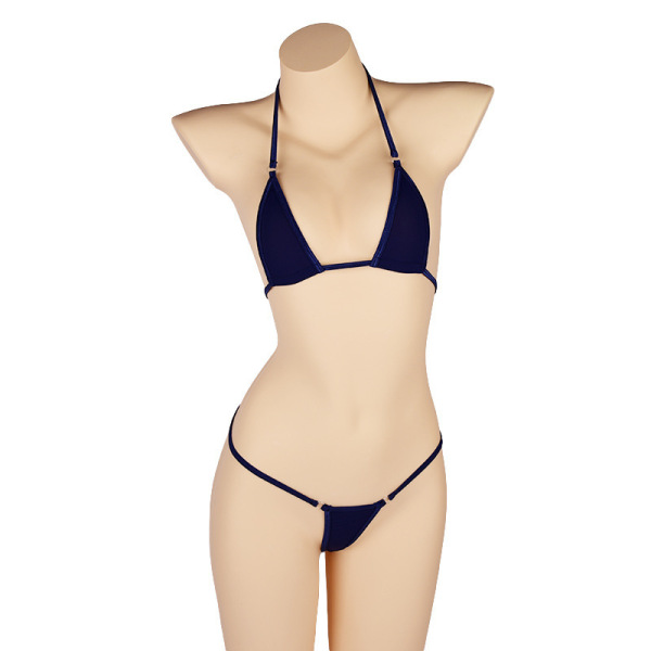 Sexy ice silk sheer bikini lingerie set for women – lace bondage bra and panty outfit in navy blue.