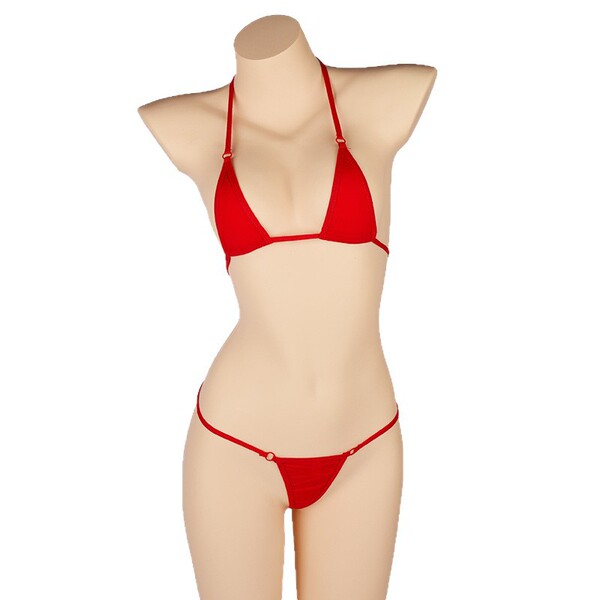 Red ice silk sheer bikini bra and panty lingerie set on mannequin.