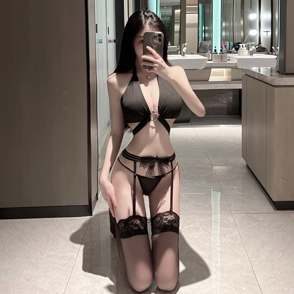 Sexy lace bondage outfit set featuring strapless design, backless top with garter belt and bow details for adults.