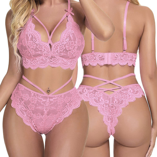 Sexy pink lace bra and panty set with intricate floral design, featuring a three-point erotic style for womens intimate appar...