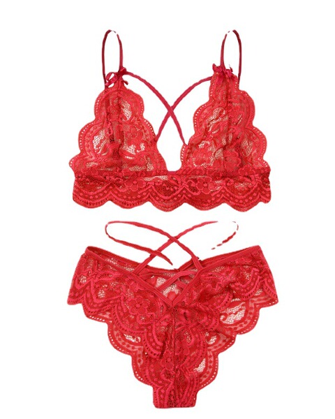 Red lace bra and panty set with scalloped edges, strappy back design, and intricate floral patterns for women’s intimate appa...