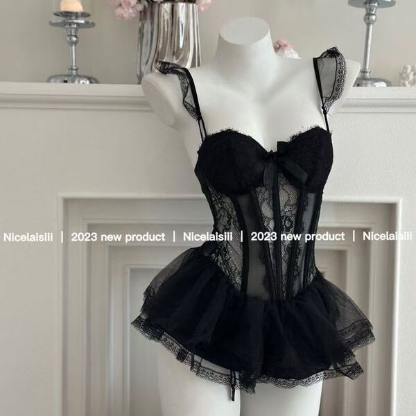 Sexy Lace Bralette Sleep Set with Underwire & Puff Skirt – French-Inspired Matching Lingerie Outfit - black