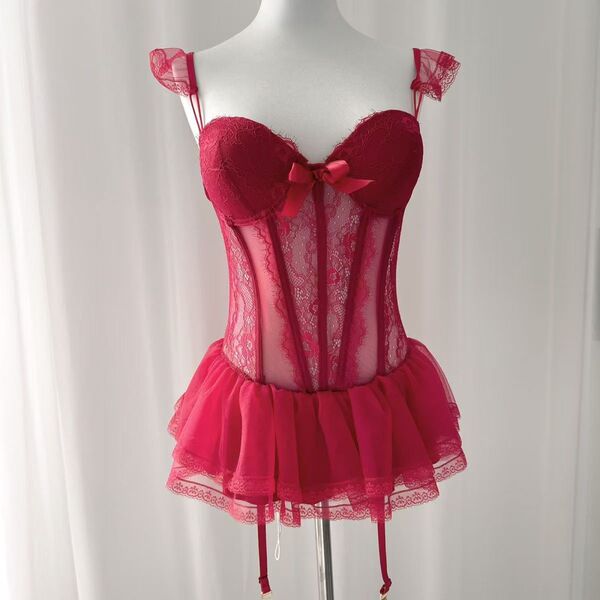 Sexy Lace Bralette Sleep Set with Underwire & Puff Skirt – French-Inspired Matching Lingerie Outfit - Claret
