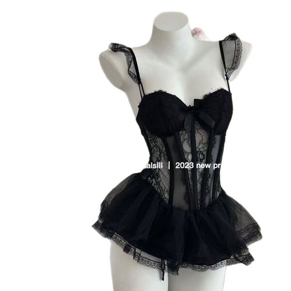 Sexy lace bralette sleep set featuring underwire and puff skirt, french-inspired design with delicate lace details.