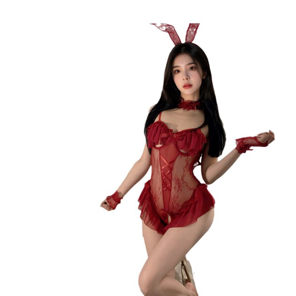 Sexy lace bunny girl costume set featuring playful bodysuit with open-crotch design and delicate trim details.