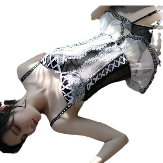Sexy lace cat maid corset set with sheer mesh dress, underwire push-up bodysuit, detachable straps, plus size lingerie.