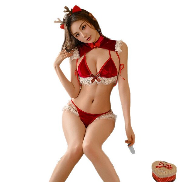 Sexy lace cheongsam camisole set for women, featuring a festive design with red velvet and white lace details, perfect for sl...