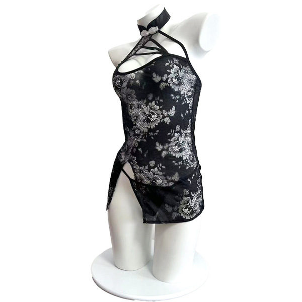 Sexy lace cheongsam lingerie set featuring sheer side-tie design, elegant floral pattern, perfect for intimate wear or passio...