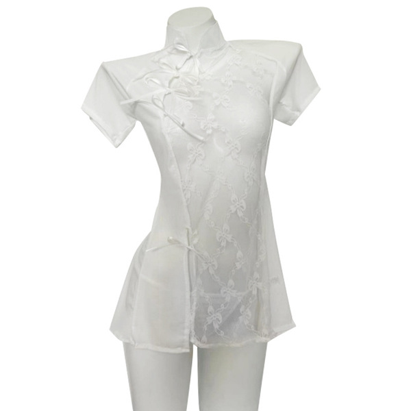 Sexy lace cheongsam lingerie set featuring sheer fabric and delicate lace details, perfect for erotic sleepwear with a no-rem...