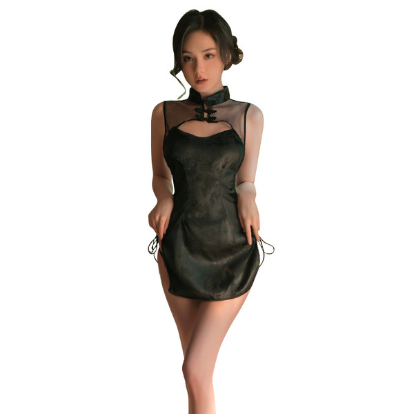 Sexy lace cheongsam lingerie set featuring sheer mesh design, perfect for role play costumes or seductive sleepwear outfits.