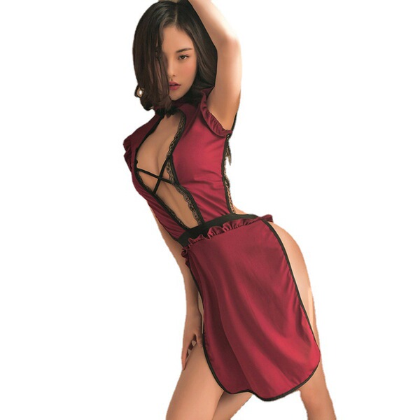 Sexy lace cheongsam lingerie set featuring high slit, backless design with sheer mesh fabric for womens bedroom outfits.