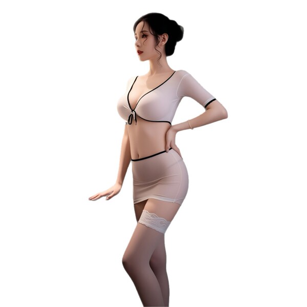Sexy lace crop top and skirt set, open-crotch design, matching two-piece sleepwear for women.