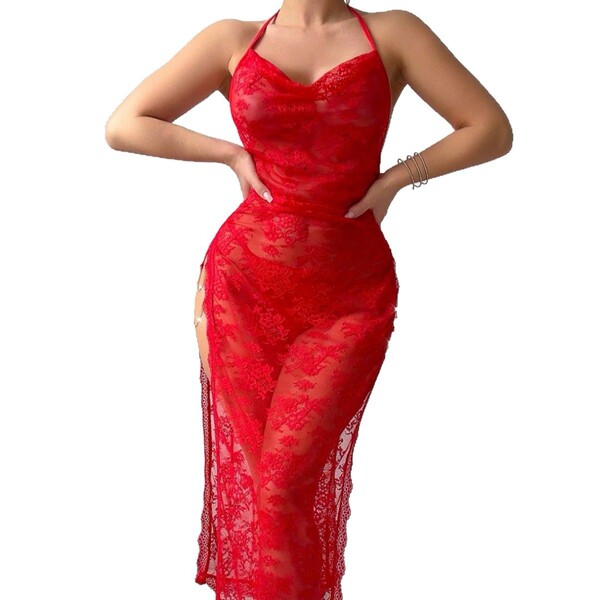 Sexy lace embroidered halter bodysuit set featuring sheer design, perfect for women seeking elegant and seductive two-piece l...