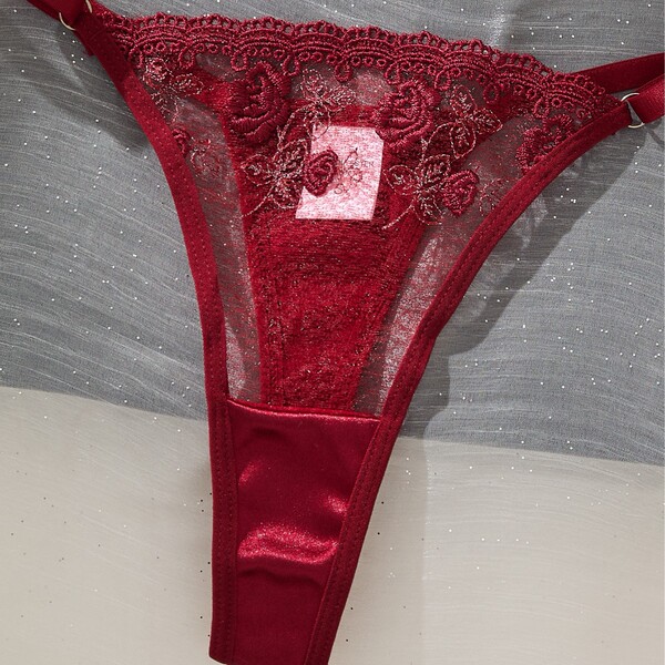 Red lace thong with floral embroidery from sexy lace embroidery lingerie set – pure seduction bra & thong collection for wo...