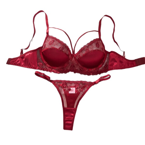 Sexy red lace embroidery lingerie set featuring a pure seduction bra and thong for women.