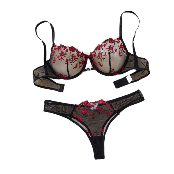 Sheer black lace lingerie set with red floral embroidery, featuring a bra and matching panties for women.