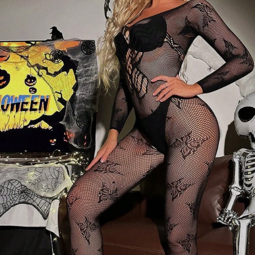 Woman modeling black lace hollow-out bodycon mini skirt set with backless banded bra, perfect for halloween lingerie outfit.