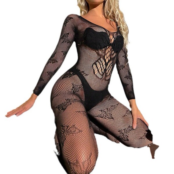 Sexy black lace hollow-out bodycon mini skirt set with backless banded bra, sheer long sleeves, and floral pattern lingerie o...