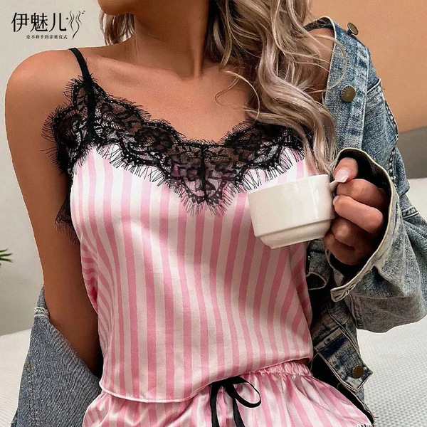 Sexy lace design, elegant pink striped sleepwear set with delicate lace details, perfect for womens loungewear.