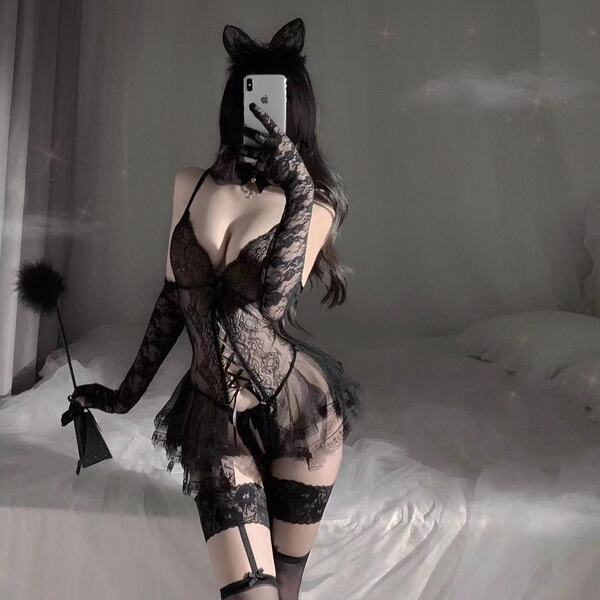 Sexy lace sheer maid costume with bunny ears, open-crotch design, perfect for adults seeking adult .