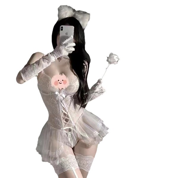 Sexy lace lingerie set featuring sheer maid costume with open-crotch design, bunny girl outfit for adults.