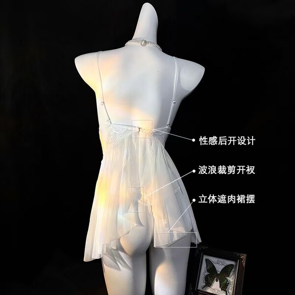 Sheer white lace lingerie sleep dress with open-crotch design, featuring and details on a mannequin.