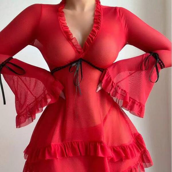 Red lace lingerie set with v-neck, bell sleeves, and picot trim.