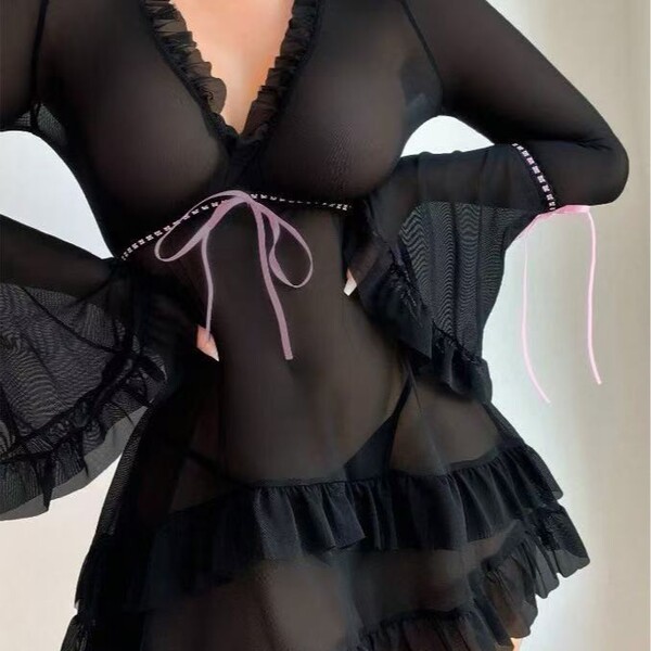 Sexy black lace lingerie set with v-neck bell sleeves, mesh bra and panty featuring picot trim and pink ribbon ties.