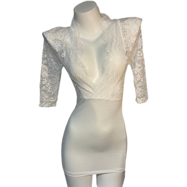 Elegant white lace lingerie set with short sleeves, featuring a seductive design perfect for sleepwear or nightclub outings.