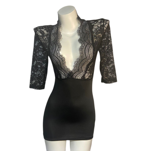Black lace lingerie set with short sleeves, featuring a seductive design perfect for nightclub outfits or sleepwear. plus siz...