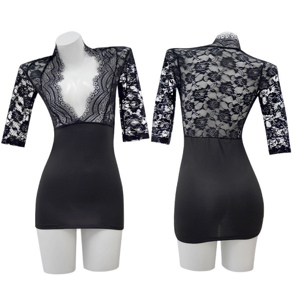 Sexy black lace lingerie set with short sleeves, featuring a deep v-neck and floral pattern, perfect for seductive sleepwear ...