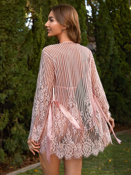 Sexy lace lounge robe with sheer mesh design, elegant fit, perfect for plus-size women seeking comfortable sleepwear at home.