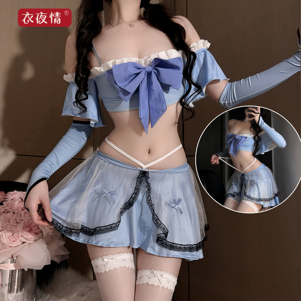 Sexy lace maid costume set - sheer mesh erotic lingerie outfit with peekaboo cutouts, featuring a blue bow top and matching s...