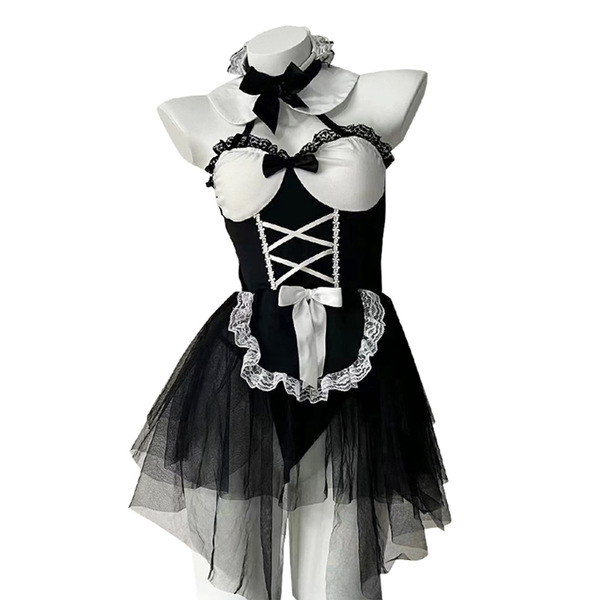 Sexy lace maid costume set featuring sheer mesh design with peekaboo cutouts, elegant black and white details.