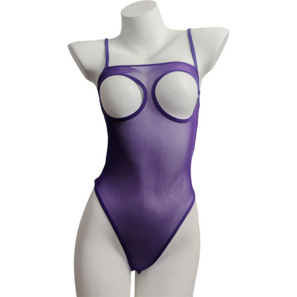 Sheer purple mesh bodysuit with chest cutouts and open-crotch design, displayed on a mannequin.