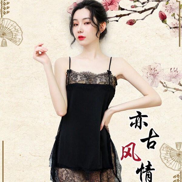 Sexy lace mesh chemise sleep dress with thong, flirty romantic lingerie set for women.